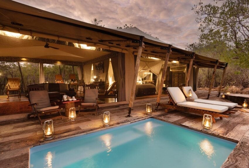 Zarafa Camp is located on the private 130,000-hectare (320,000-acre) Selinda Reserve. The Selinda Reserve links Botswana’s Okavango Delta with the Linyanti waterways, and every area of the camp offers stunning views over the Zibadianja Lagoon, the source of the Savuti Channel.

Zarafa Camp’s four guest suites individually measure over 100 square meters (1000 square feet) under flowing canvas. Each suite rests on raised reclaimed railway sleeper decking with the interiors consisting of a lounge area that flows to a beautiful bedroom and an open layout indoor bathroom complete with a copper claw-foot bath. Expansive outdoor decking that wraps around each guest suite offers guests a private plunge pool, outdoor seating and private outdoor shower.