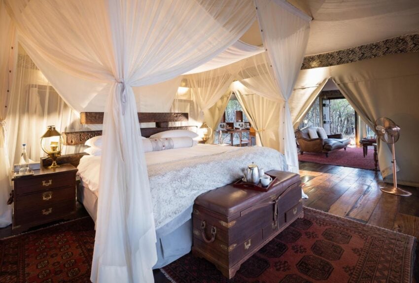 Zarafa Camp is located on the private 130,000-hectare (320,000-acre) Selinda Reserve. The Selinda Reserve links Botswana’s Okavango Delta with the Linyanti waterways, and every area of the camp offers stunning views over the Zibadianja Lagoon, the source of the Savuti Channel.

Zarafa Camp’s four guest suites individually measure over 100 square meters (1000 square feet) under flowing canvas. Each suite rests on raised reclaimed railway sleeper decking with the interiors consisting of a lounge area that flows to a beautiful bedroom and an open layout indoor bathroom complete with a copper claw-foot bath. Expansive outdoor decking that wraps around each guest suite offers guests a private plunge pool, outdoor seating and private outdoor shower.