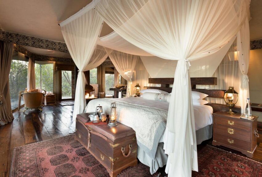 Zarafa Camp is located on the private 130,000-hectare (320,000-acre) Selinda Reserve. The Selinda Reserve links Botswana’s Okavango Delta with the Linyanti waterways, and every area of the camp offers stunning views over the Zibadianja Lagoon, the source of the Savuti Channel.

Zarafa Camp’s four guest suites individually measure over 100 square meters (1000 square feet) under flowing canvas. Each suite rests on raised reclaimed railway sleeper decking with the interiors consisting of a lounge area that flows to a beautiful bedroom and an open layout indoor bathroom complete with a copper claw-foot bath. Expansive outdoor decking that wraps around each guest suite offers guests a private plunge pool, outdoor seating and private outdoor shower.