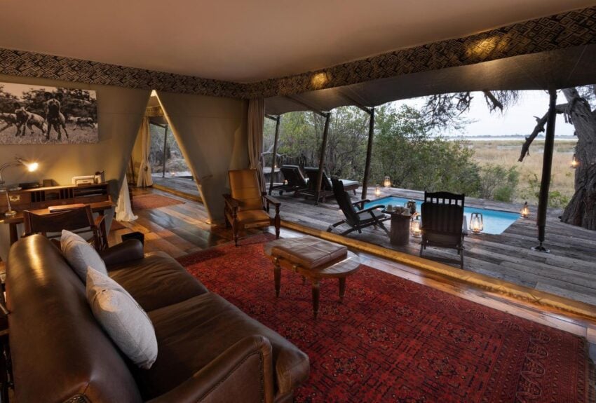 Zarafa Camp is located on the private 130,000-hectare (320,000-acre) Selinda Reserve. The Selinda Reserve links Botswana’s Okavango Delta with the Linyanti waterways, and every area of the camp offers stunning views over the Zibadianja Lagoon, the source of the Savuti Channel.

Zarafa Camp’s four guest suites individually measure over 100 square meters (1000 square feet) under flowing canvas. Each suite rests on raised reclaimed railway sleeper decking with the interiors consisting of a lounge area that flows to a beautiful bedroom and an open layout indoor bathroom complete with a copper claw-foot bath. Expansive outdoor decking that wraps around each guest suite offers guests a private plunge pool, outdoor seating and private outdoor shower.